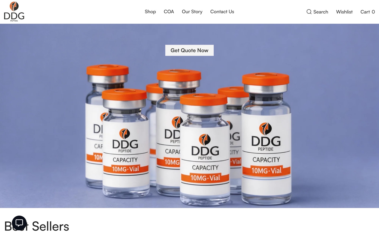 Before: the current DDG-PEPTIDE homepage, a photo of vials on a purple backdrop with a Get Quote Now button.