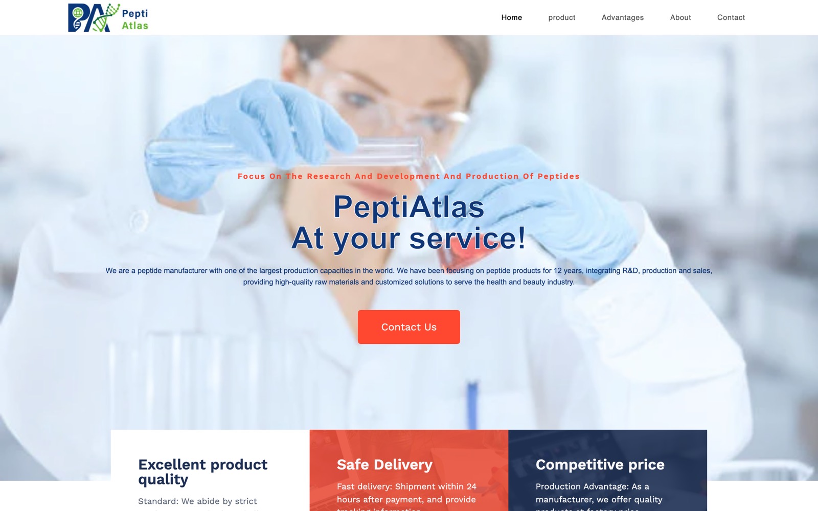 Before: the current PeptiAtlas homepage, a stock photo of a lab technician behind the words PeptiAtlas At your service.