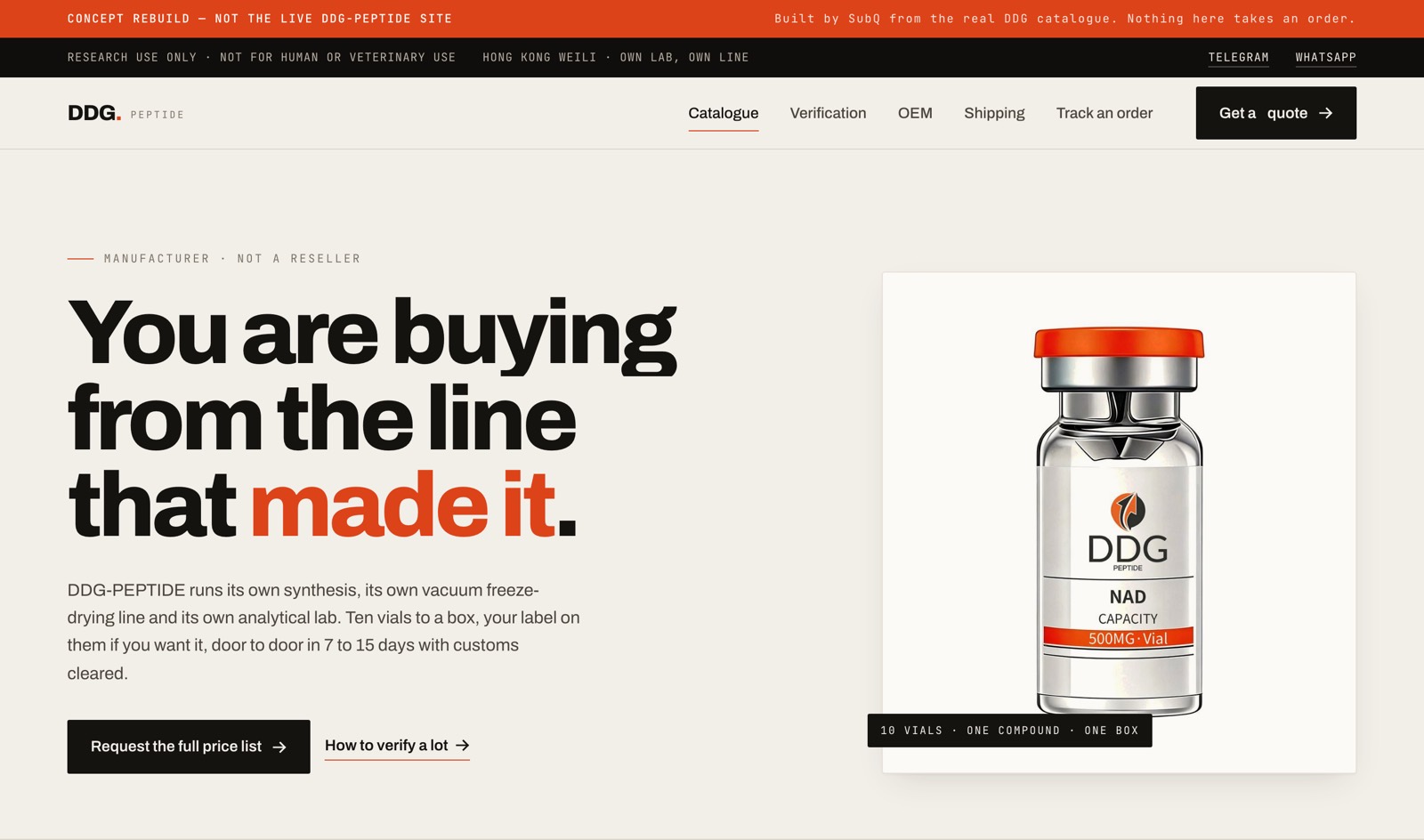 The DDG-PEPTIDE concept rebuild: a bold editorial homepage reading You are buying from the line that made it, beside a photograph of a branded NAD vial.